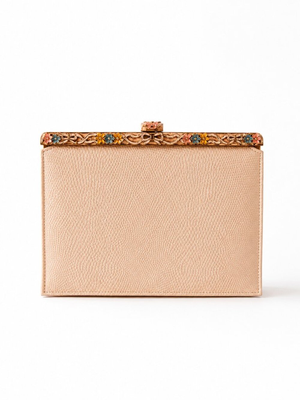Vintage Ivory Reptile Embossed Evening Bag Floral Enamel Frame Clutch Purse Hand